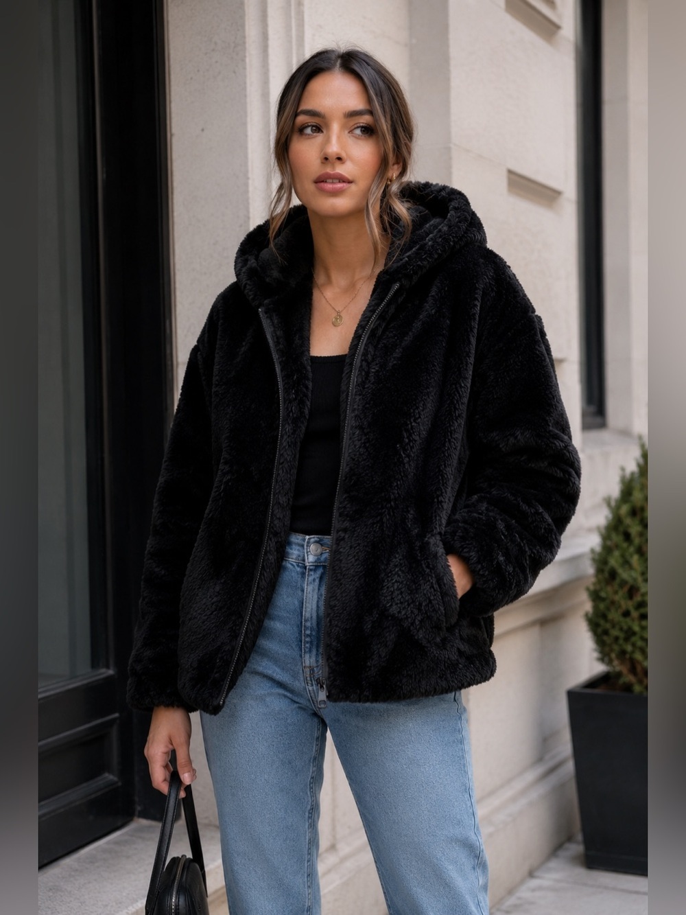 Steve Madden Black Faux Fur Hooded Jacket XL Plush Teddy Zip Winter Coat